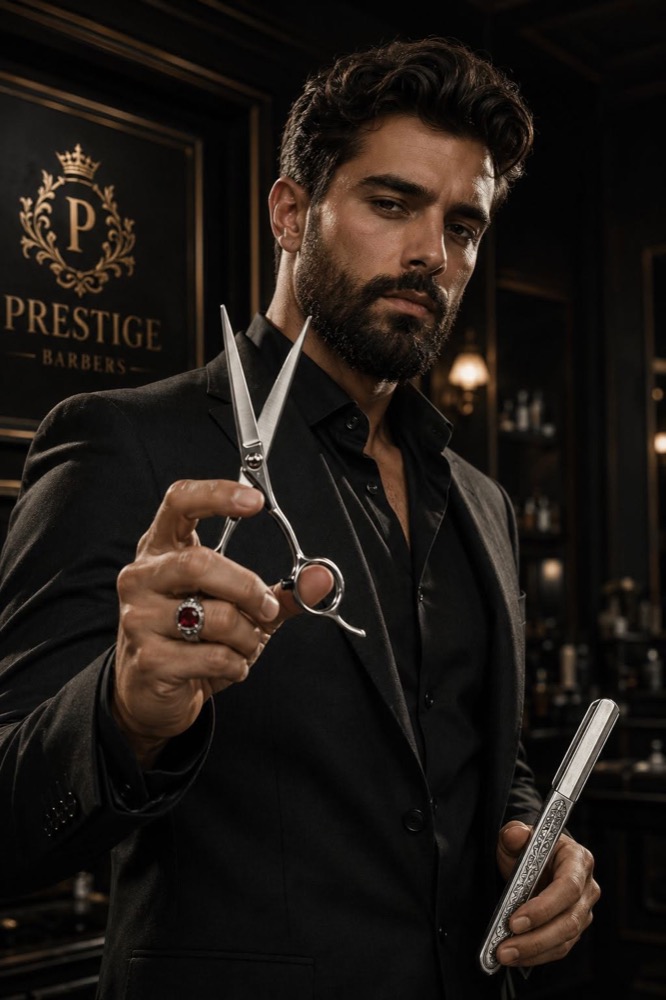 Barbier Prestige Barbers en costume, ciseaux et rasoir à la main, Fréjus